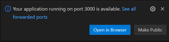 VS Code popup notifying of application running on port 3000.